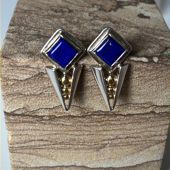 Vintage Lapis Lazuli Blue Sterling Silver Triangle Geometric Earrings - Picture 2 of 12